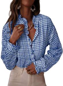 Plaid Ruffle V Neck Button Down